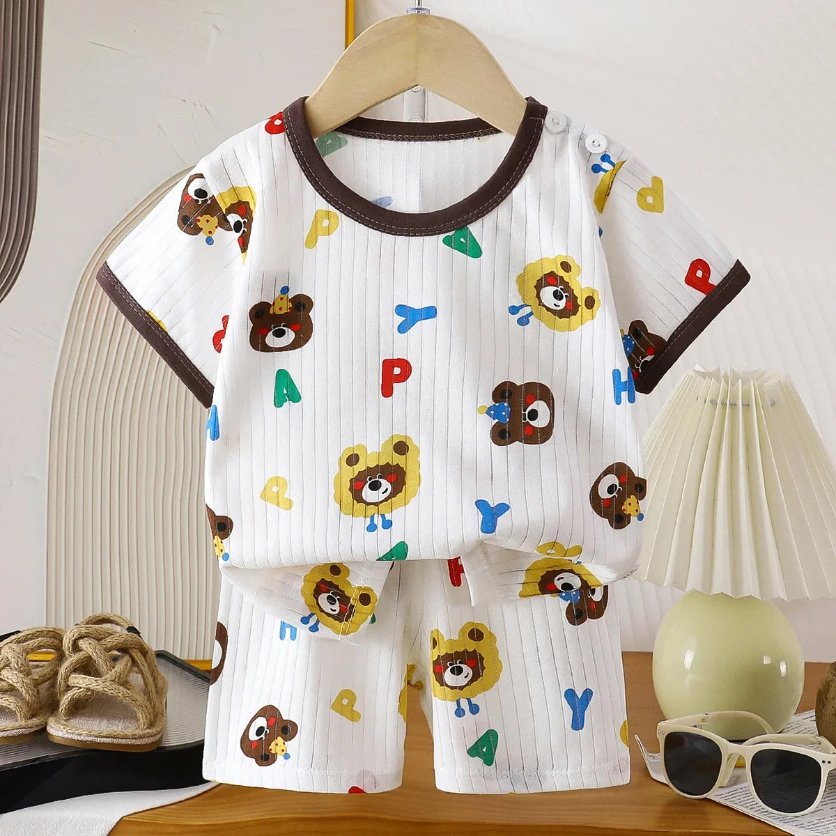 Kids Summer Pure Cotton Clothing Sets Boys Girls Cute Cartoon Short Sleeve T-Shirt Tops with Shorts Toddler Baby Casual Pajamas