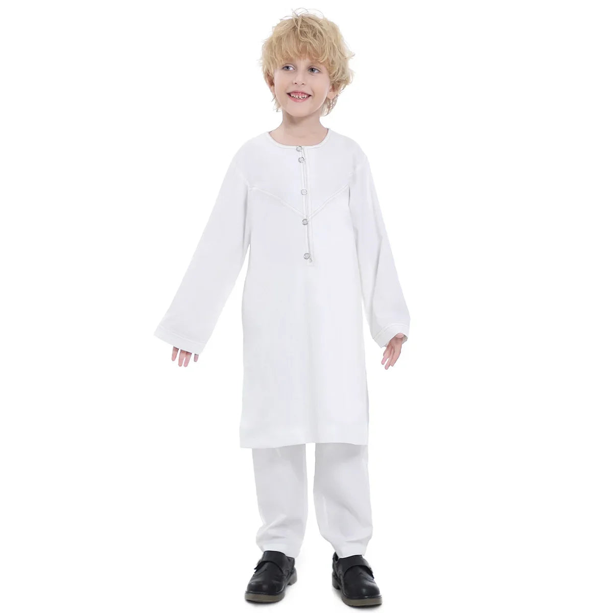 Muslim Children Robe 2 Pieces Set Kids Boy Round Neck Long Sleeve Printed Dress Shirt Abaya Kaftan Jubba Thobe Islamic Clothing