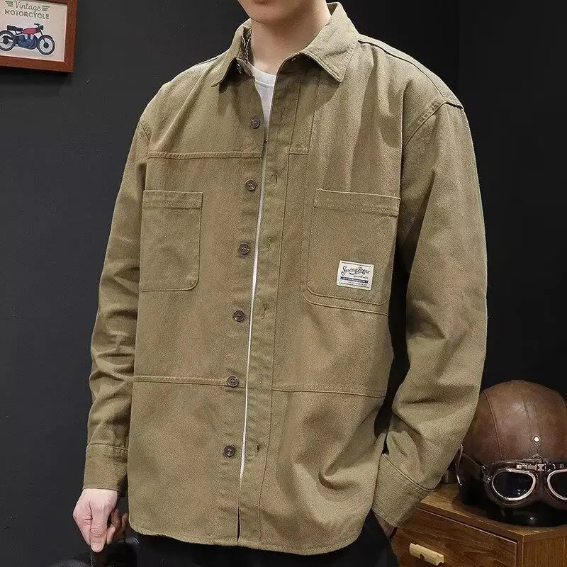 Retro Casual Loose Fit Men's Shirt Long Sleeve Turn-down Collar Fashionable Workwear Jacket Outerwear for Youth