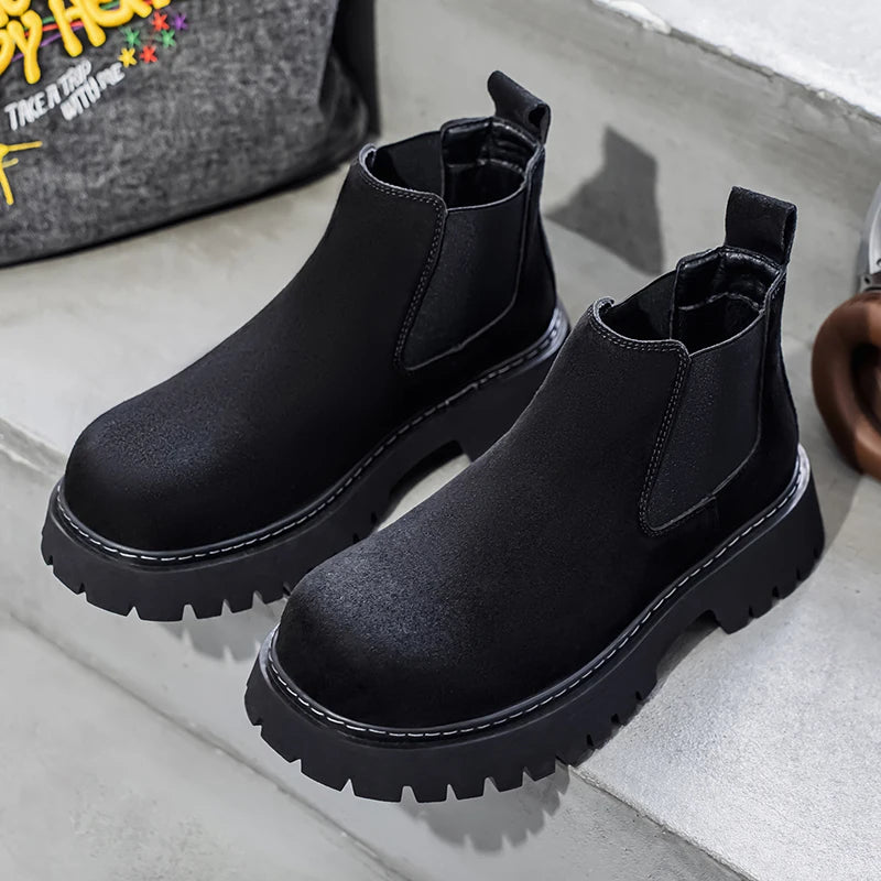 High Quality Fashion Mens Boots Black Boots Fashion Casual British Style Thick Bottomed Mid-top Chelsea Boots Large Size