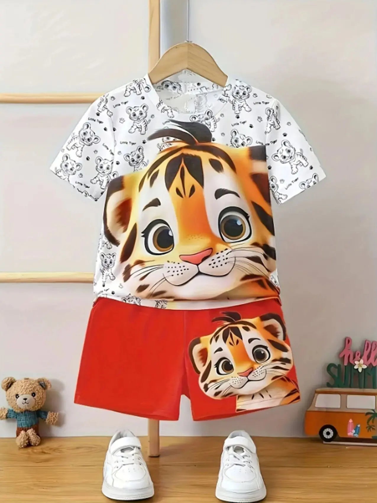 Toddler Tiger Graphic 2-Piece Outfit Set: White Cartoon Tiger T-Shirt + Red Shorts (0-3T) - Cute Kids Summer Casual Clothes