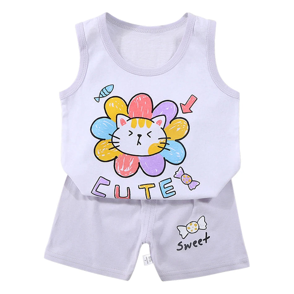 2025 New Kids Tank Tops and Shorts Set Summer Baby Toddler Sleeveless Outfit Girls Boys Casual Breathable Cartoon Clothing