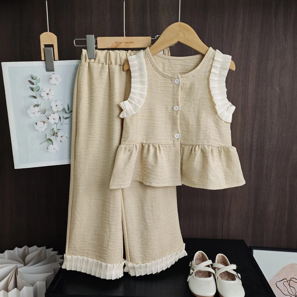 Bear Leader Korean Version Kids Clothes Girls Blue Imitation Denim Suit Summer New Sleeveless Top+Wide Leg Pants Two-piece Set