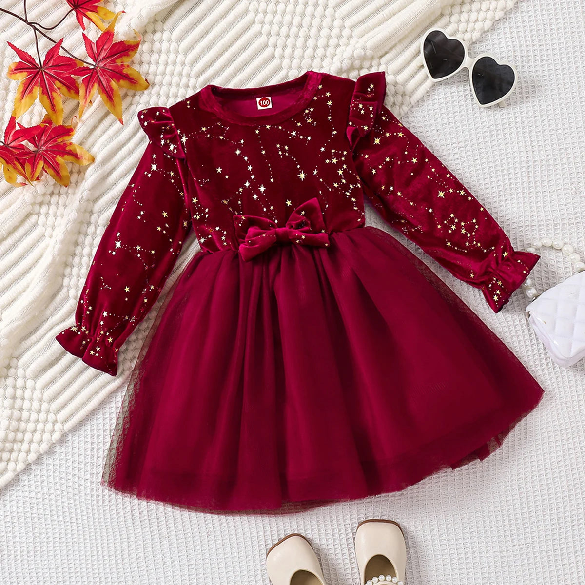Girl Dress Autumn Winter Velvet Long Sleeved Mesh Bow Princess Dress Children's New Year Children Party Festive Dress For Girl