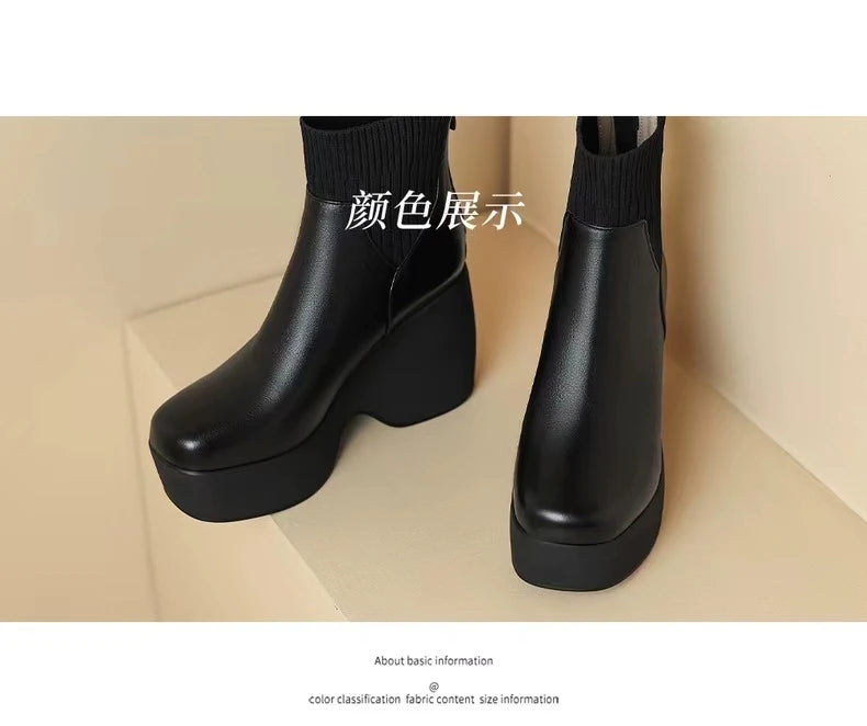 Comfortable Fashion Soft Leather Boots Women's Platform 2024 Winter Warm Round Head Flexible Med Block Sock Mom Ankle Boots