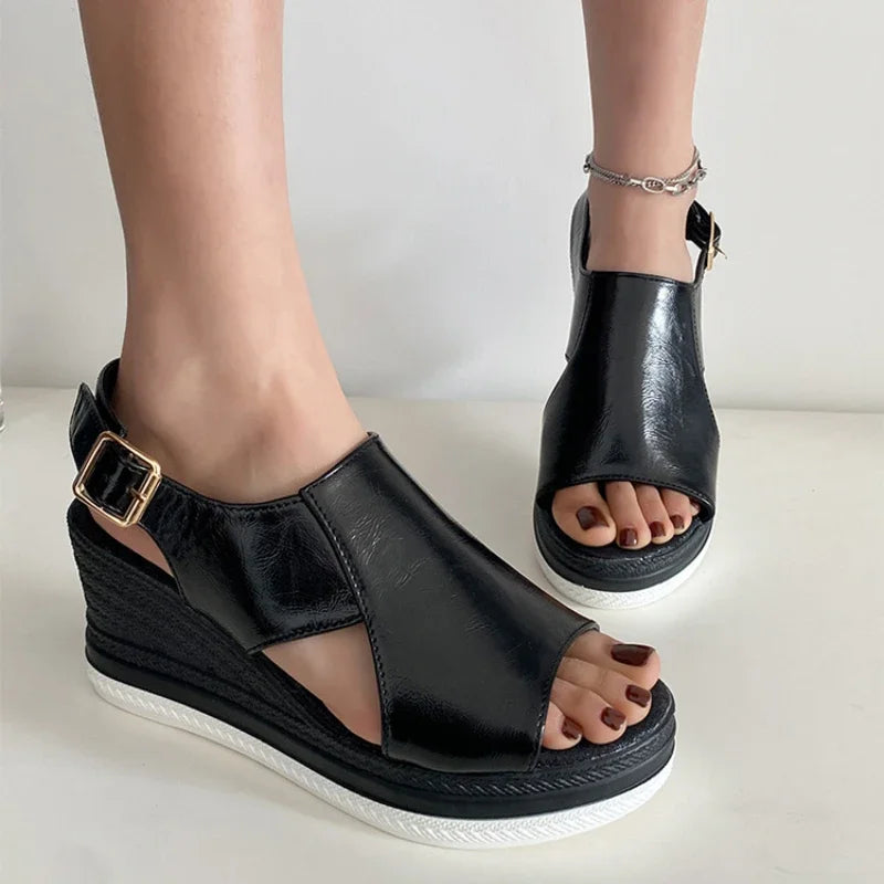 Women Shoes  Fashion Peep Toe Women Wedge Sandals Summer High-heeled Fish Mouth Shoes Soft Leather Height-increasing Beach Shoes
