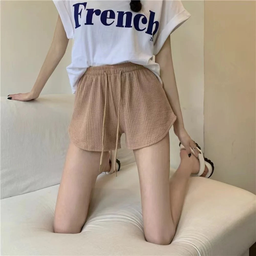 Women's High Waist Shorts Solid Color Fashionable Casual Loose Pocket Lace Up Shorts Girls Soft Cool Female Shorts
