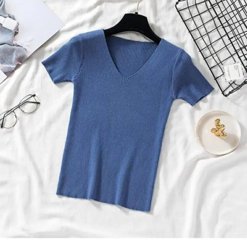 2026 Basic V-neck Solid Thin Summer Women Pullover Female Knitted Ribbed Sweater Slim Short Sleeve Bodycon Sweater