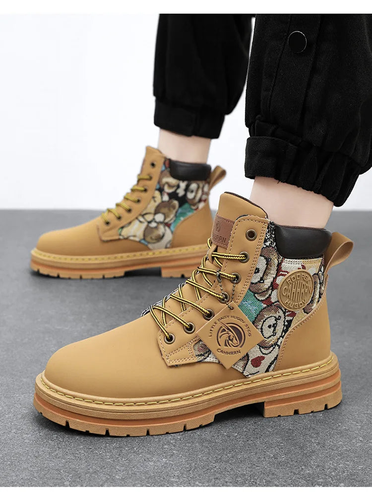 New Men's Boots Designer Luxury Men Working Boots High Tops Platform Leather Shoes for Men British style Motorcycle Botas Hombre