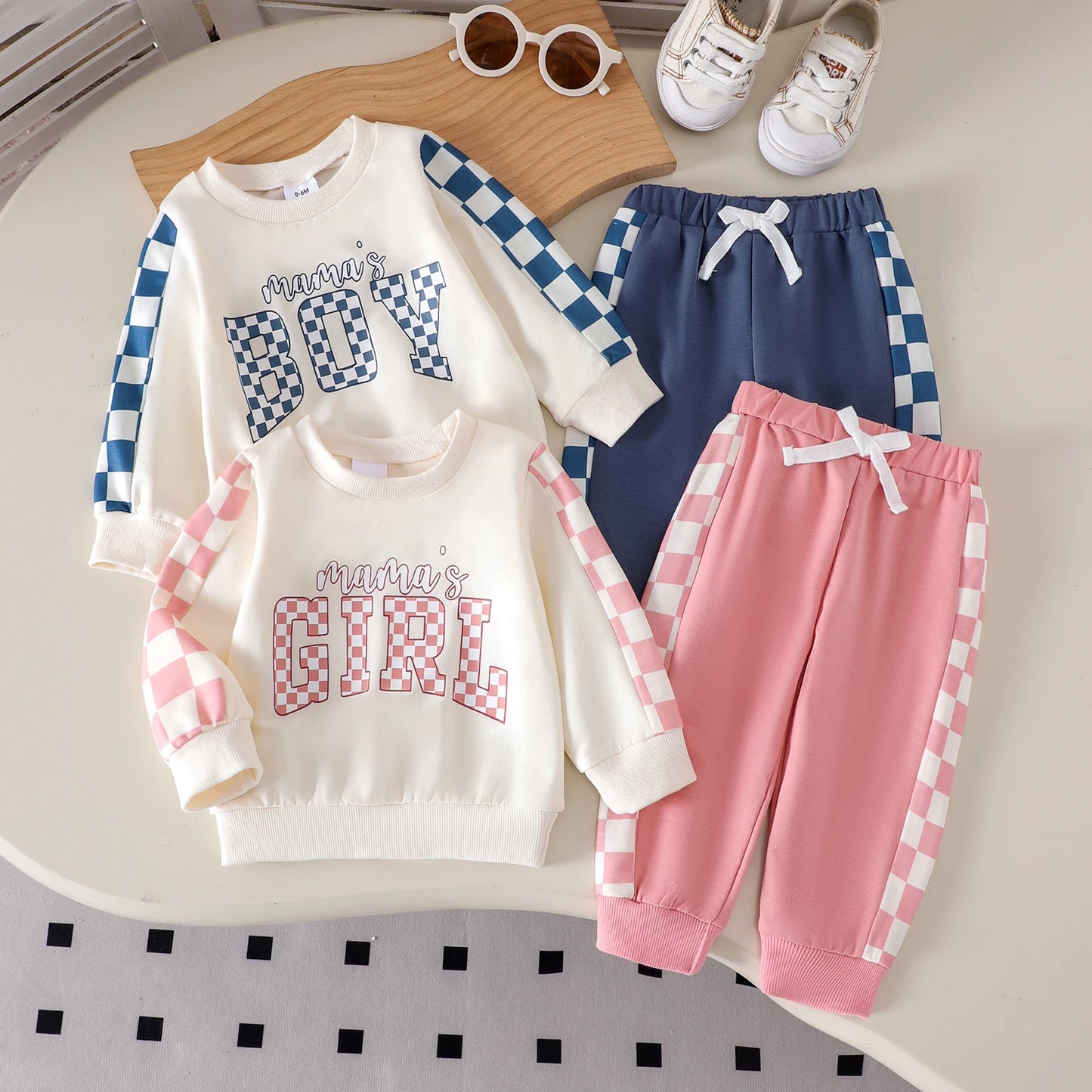 2pcs  Autumn and winter new style for boys, girls and babies 0-3 years old, comfortable and fashionable plaid hoodie set