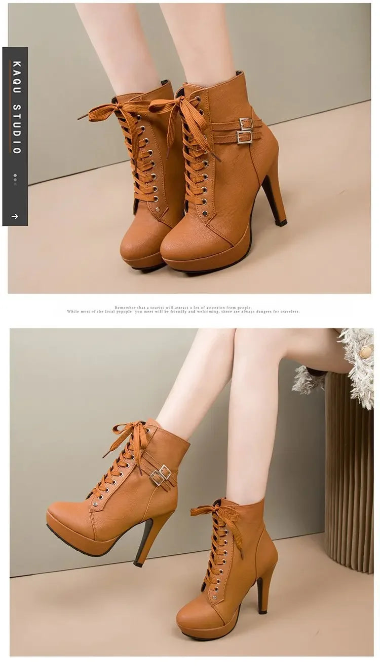 Women High Heels Platform Ankle Boots 2025 Autumn Winter Fashion Thick Heel Cross Strap Boots Female Belt Buckle Short Booties