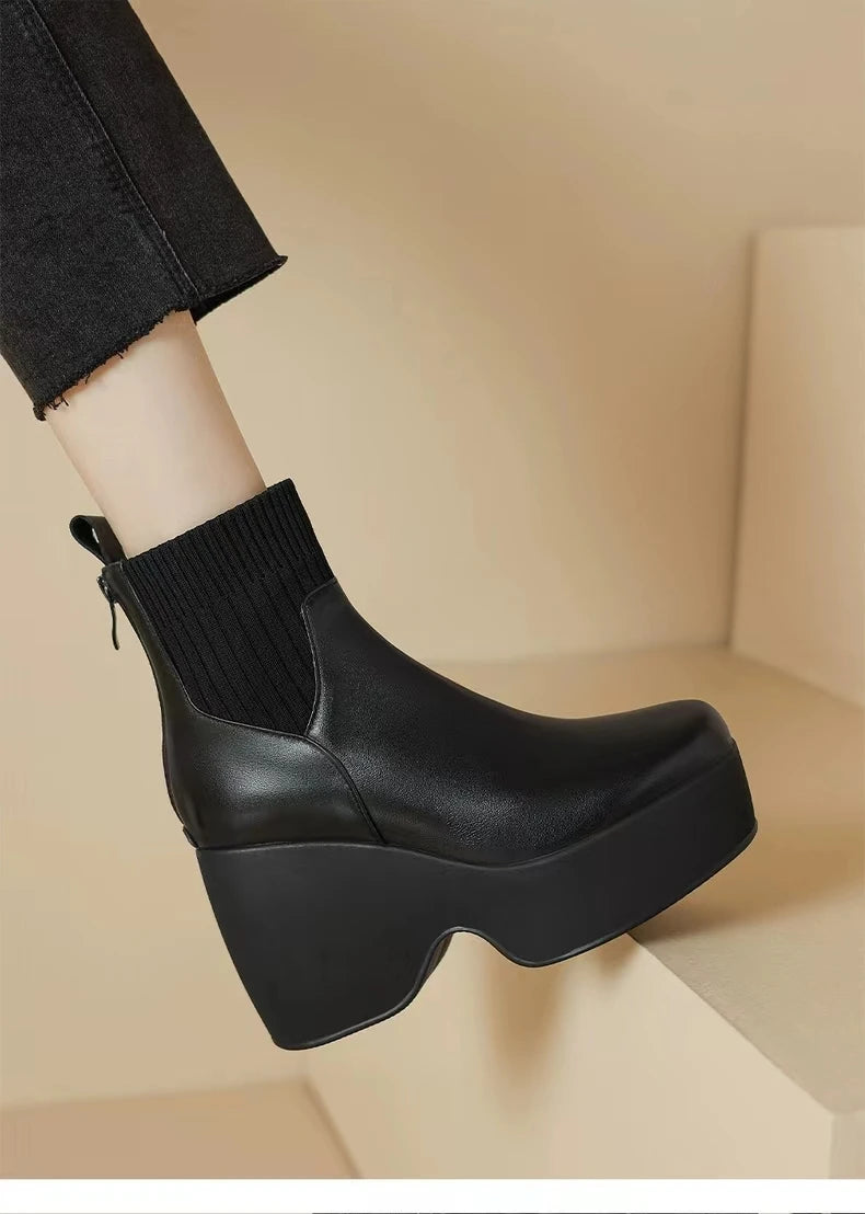 Comfortable Fashion Soft Leather Boots Women's Platform 2024 Winter Warm Round Head Flexible Med Block Sock Mom Ankle Boots