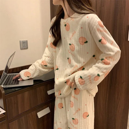 Thickened Coral Fleece Printed Sleepwear Set Women's Autumn Winter Fashion plus Size Warm Home Clothes Long Sleeve Long Pants