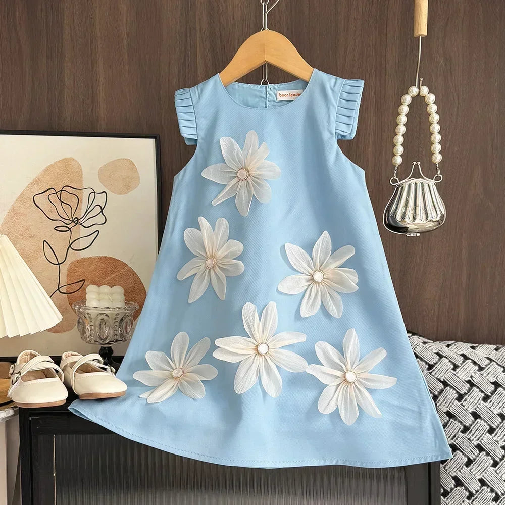 Summer New Girls' Casual Clothes Pleated 3D Flower Sleeveless Princess Dress Korean Version Solid Color Children 2-12 Years Old