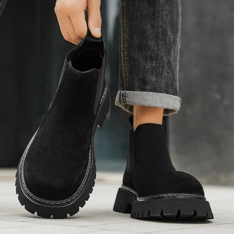 High Quality Fashion Mens Boots Black Boots Fashion Casual British Style Thick Bottomed Mid-top Chelsea Boots Large Size