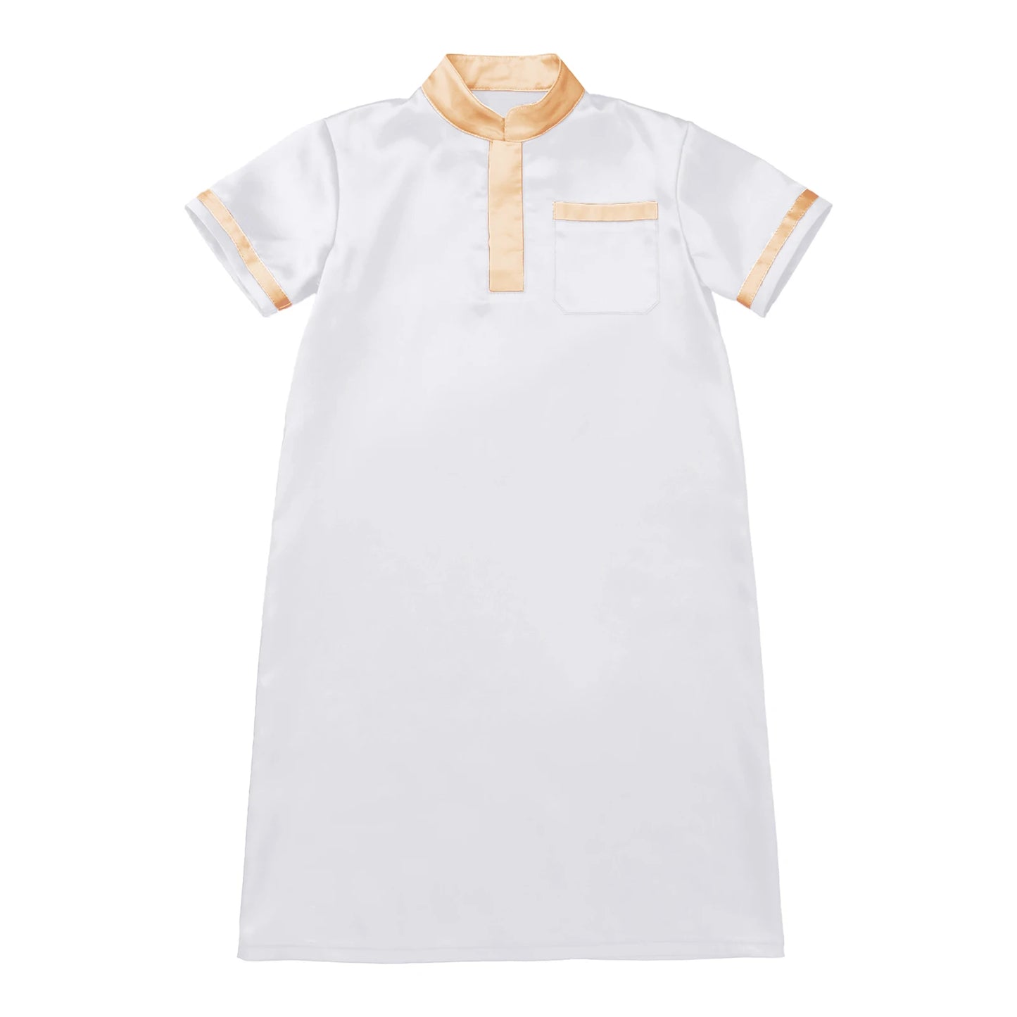 Muslim Baby Boys Robe Ramadan Eid Abaya Stand Collar Short Sleeve Satin Dress Gown with Pocket Arabic Islamic Dubai Kaftan Thobe