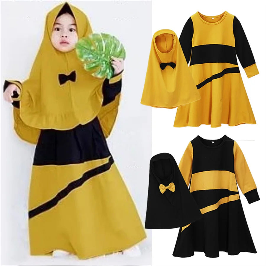 Patchwork Muslim Children 2 Pcs Prayer Dress Girls Hijab Abaya Ramadan Sets Arab Kids Headscarf Long Robe Islamic Kaftan Gown