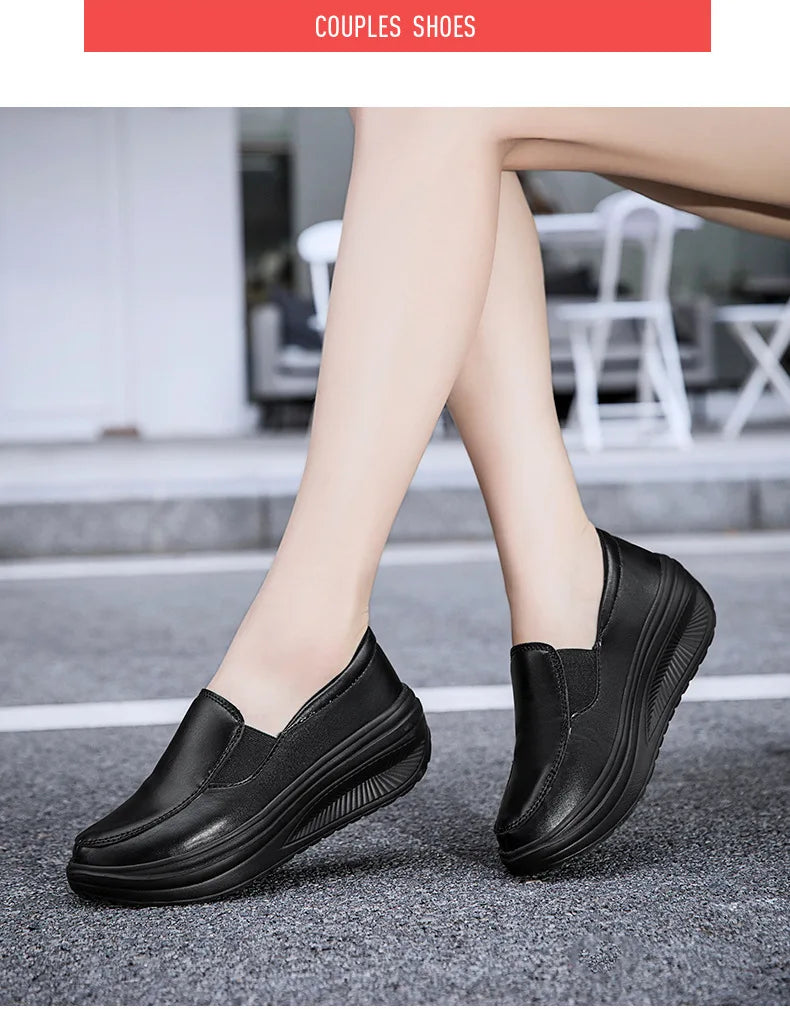 Women's Shoes Spring Genuine Leather Soft Outsole Work Shoes Female Black Swing Shoes Woman Plus Size Wedges Single Shoes