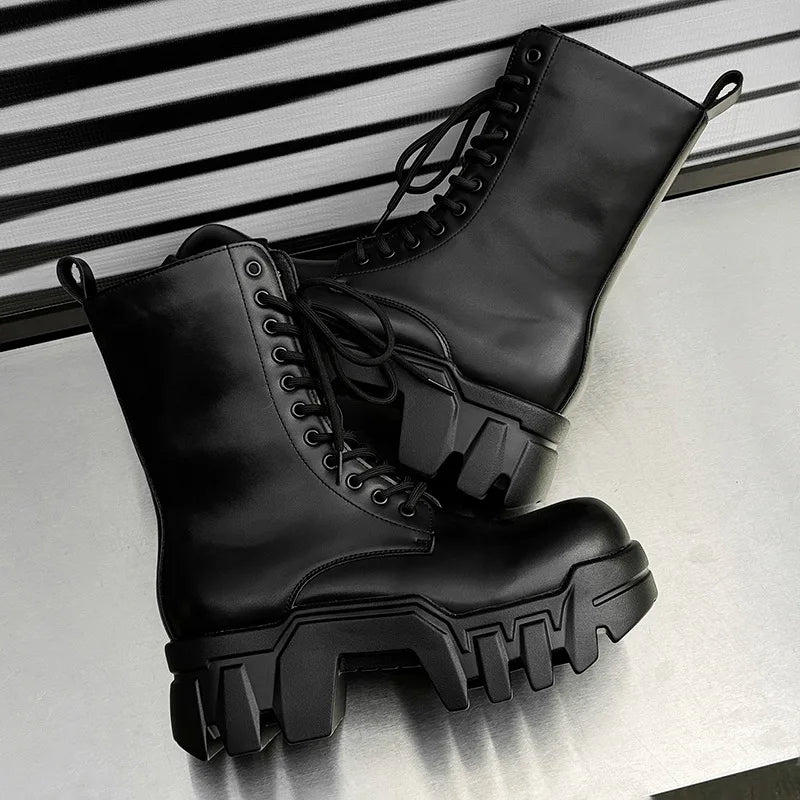 men fashion punk gothic platform boots designer original leather shoes cowboy high boot black stylish long motorcycle botas mans
