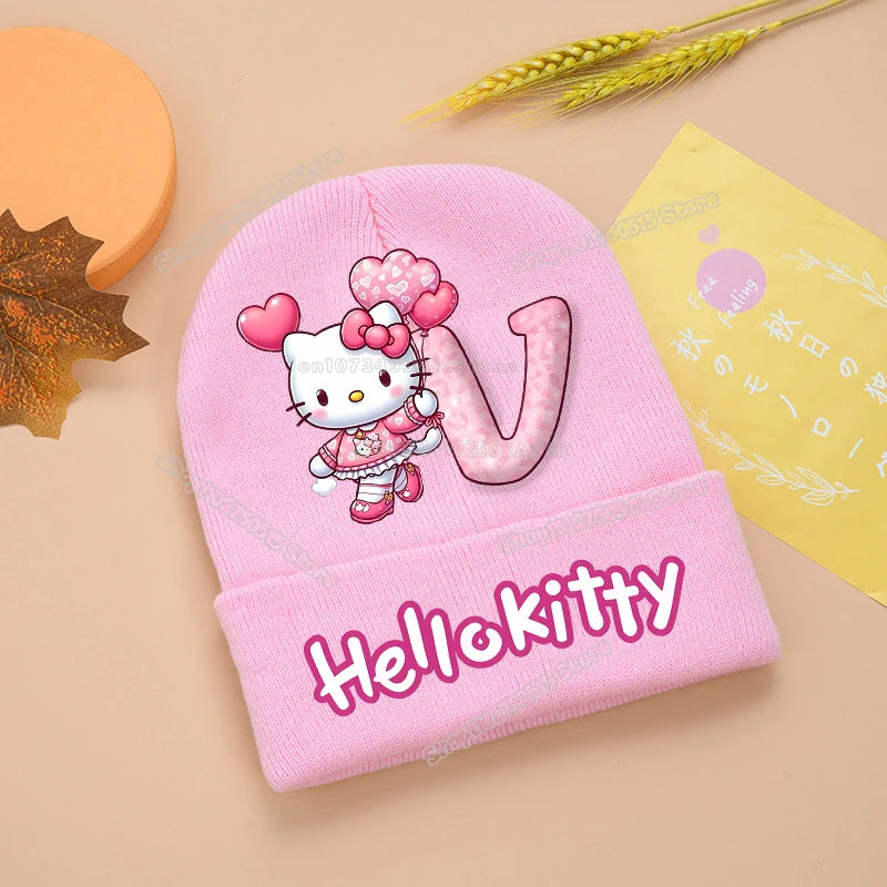 Hello Kitty Kids Knitting Hats Cute Letter A-Z Girl Winter Beanies Cartoon Print Weaved Bonnet Winter Warm Children Beanies Caps