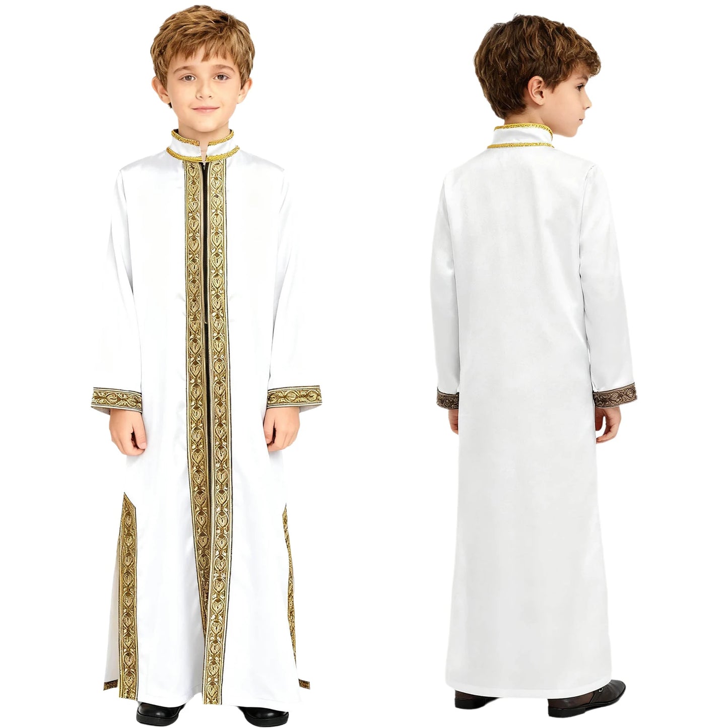 Boys Islamic Robe Kaftans Arab Gown Long Sleeves Slit Zipper Gold Embroidery Maxi Muslim Thobe Kids Festival Holiday Costume