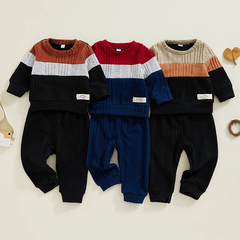 Pudcoco Infant Baby Boy 2Pcs Fall Outfits Long Sleeve Contrast Color Sweater + Pants Set Warm Clothes