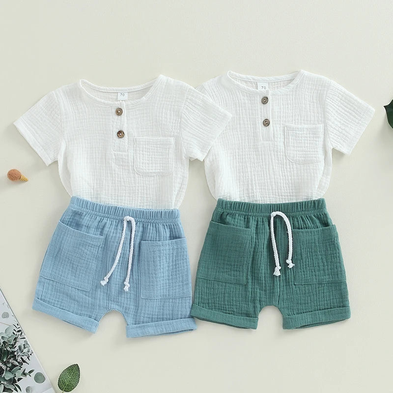 Pudcoco 2Pcs Baby Boy Summer Outfits, Short Sleeve Button Down Pocket Tops + Shorts Set Toddler Clothes 0-3T
