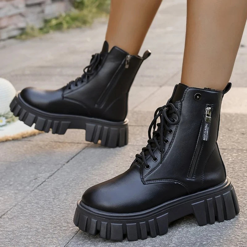 Round Toe Platform Ankle Boots Women Simple Black Pu Leather Boots Woman Autumn Winter Thick Sole Plus Size Office Lady Botas