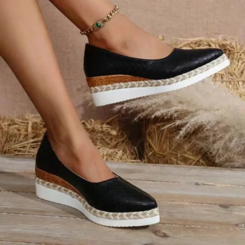 Women Shoes Shallow Mouth Single Shoes Pointed Head Wedge Platform Shoes for Women Loafers Leather Casual Footwear Zapatos Mujer