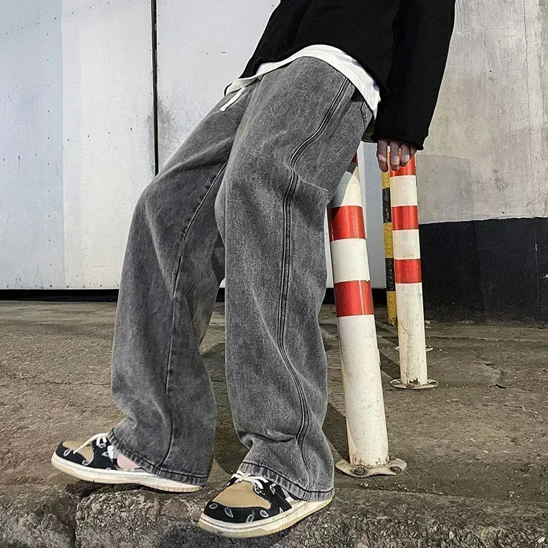 Men Casual Loose Jeans Male Streetwear Fashion Straight Wide Leg Denim Pants Elastic Waist Comfortable Solid Color Gray Trousers