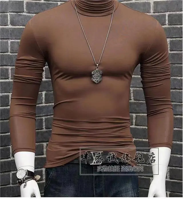 Trendy Casual Turtleneck Men's Modal Winter Sweater turtleneck Cool Blouse Tight Modal T-shirt Youth Solid Color Base Shirt Top