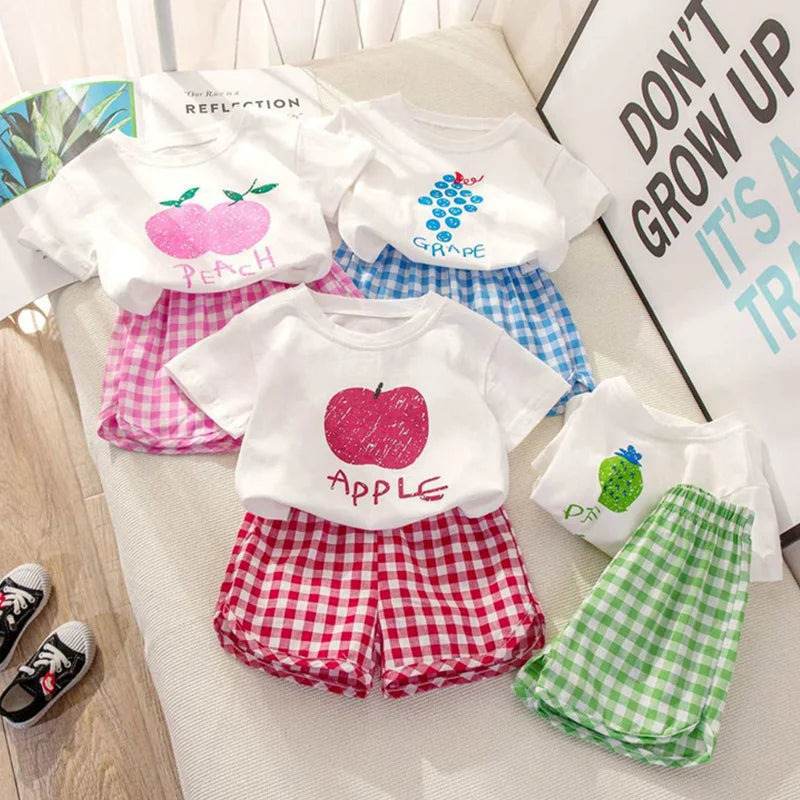 Baby Girls Set Summer Children Clothing Sets Plaid Shorts Short Sleeve T-Shirt Baby Girl Clothes Sweet Cute Outfits for 2-4Years