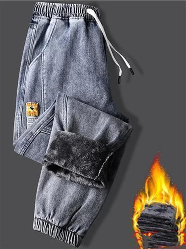 2023New Men's jeans Winter Fleece Jeans Thick Warm Denim Pants Men Streetwear Black Joggers Harem Jean Thermal Trousers