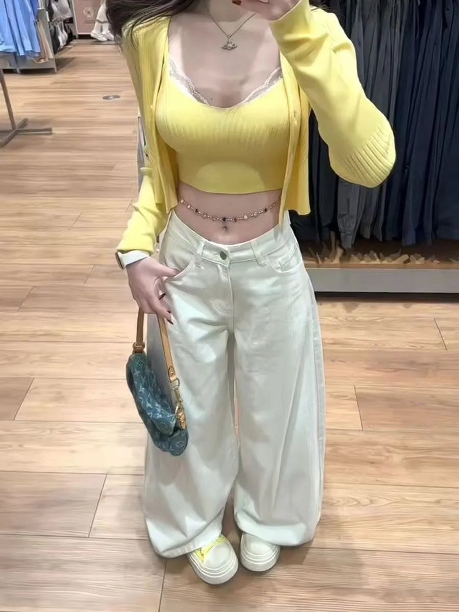 High Waist Wide Leg Straight Cut Jeans White Loose Slimming Drapey Floor Length Trousers Street Style Trendy Jeans