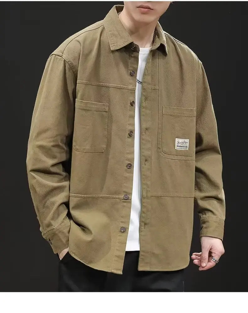 Retro Casual Loose Fit Men's Shirt Long Sleeve Turn-down Collar Fashionable Workwear Jacket Outerwear for Youth