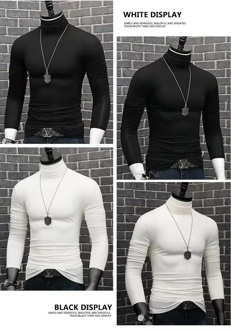 Trendy Casual Turtleneck Men's Modal Winter Sweater turtleneck Cool Blouse Tight Modal T-shirt Youth Solid Color Base Shirt Top