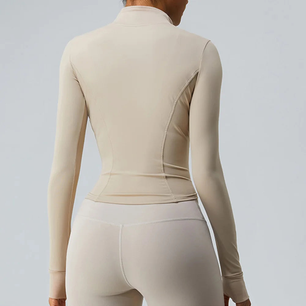 Gym Shirt Women's Full Zipper Yoga Top With Thumbholes Fitness Running Jacket Stretch Fit Long Sleeve Round Neck Top Sportswear