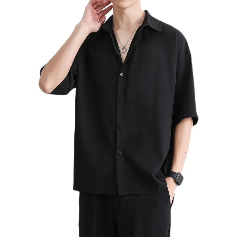 Men's Summer Loose Thin Ice Silk Short Sleeve White Shirt Half Sleeve Open Cardigan Breathable Korean Style Casual Top