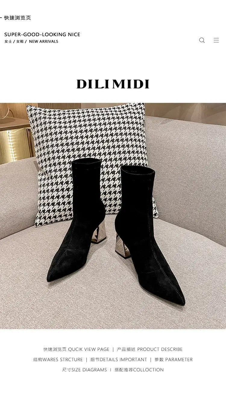 Womens Sexy Boots Suede Women'S Thick Heels And Pointed Black High Heels Versatile And Elegant Boots Zapatos De Mujer Ofertas