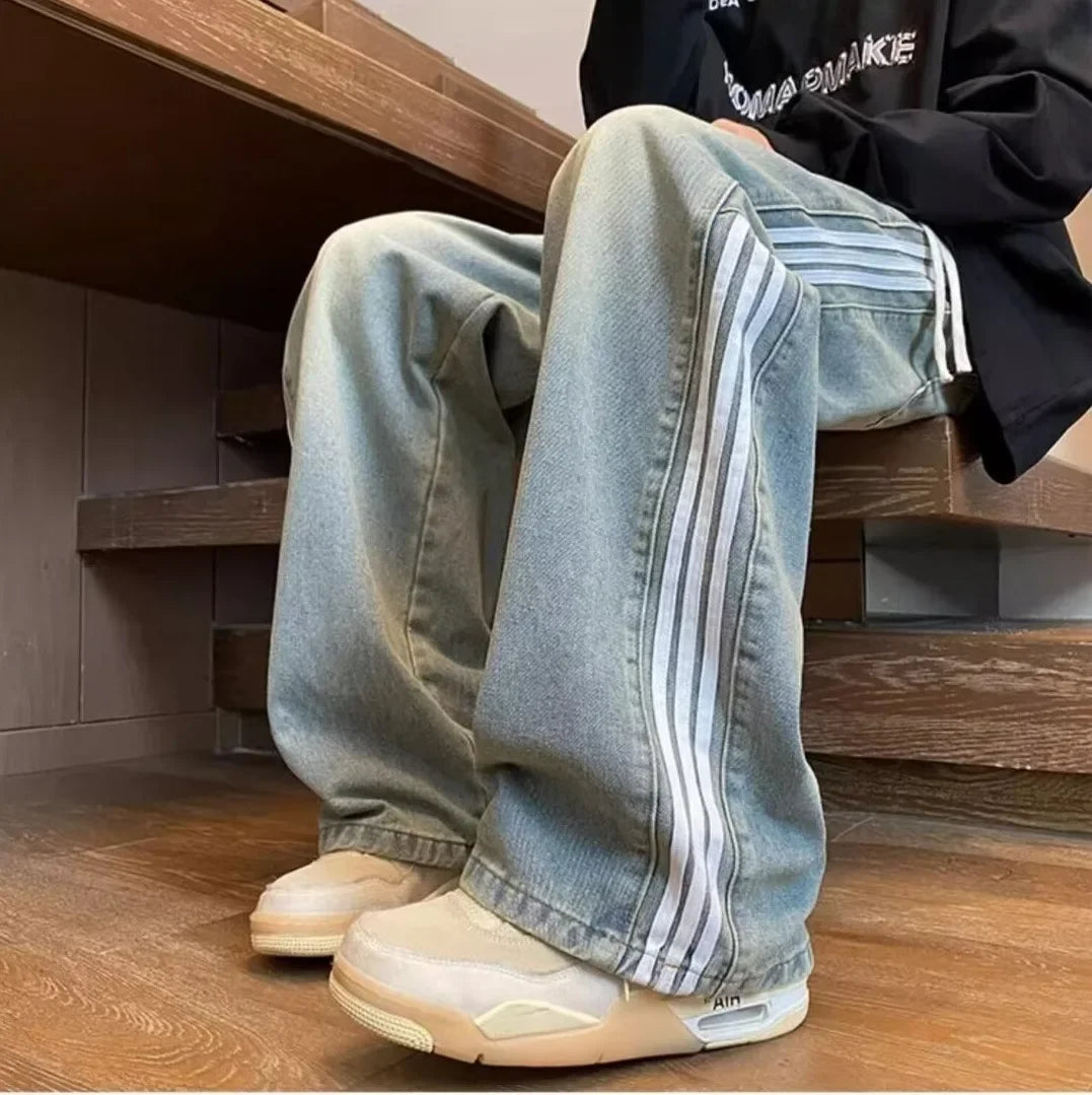 American Style Retro Men's Straight Leg Jeans Spring Autumn Trendy High Street Loose Wide Leg Long Pants Water Washed