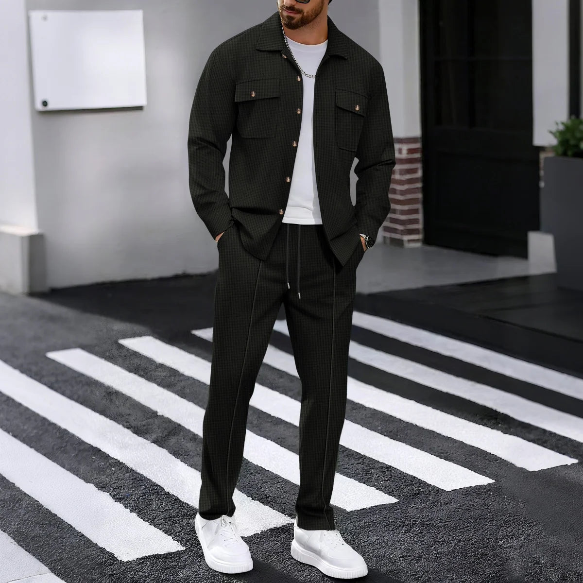 Men's Spring Autumn Casual Suit Street Style Solid Color Loose-Padded Long-Sleeved Two-Piece Set Fashionable Outerwear Suit set