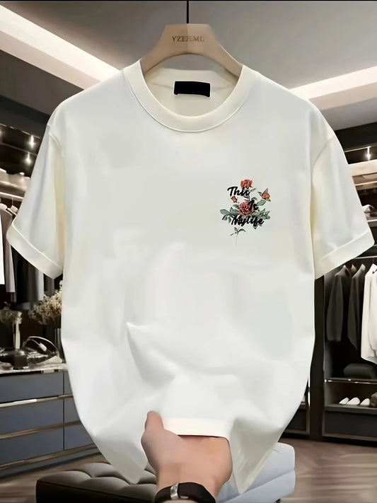 Heavyweight 100% cotton oversized T-shirt - black print with red roses Fashionable round neck short sleeves, casual style top