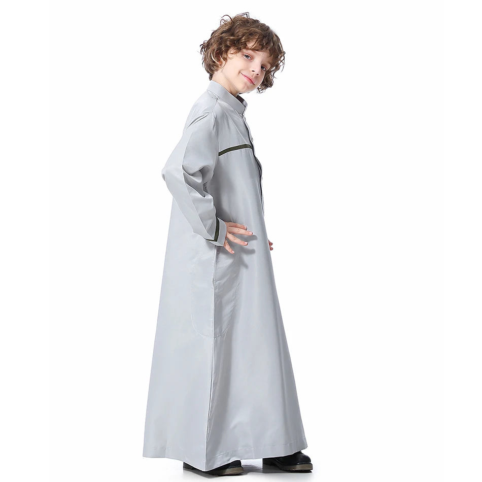 Ramadan Eid Islamic Boys Long Robe Children Traditional Arab Thobe Thawb Caftan Solid Color Long Sleeve Stand Collar with Pocket