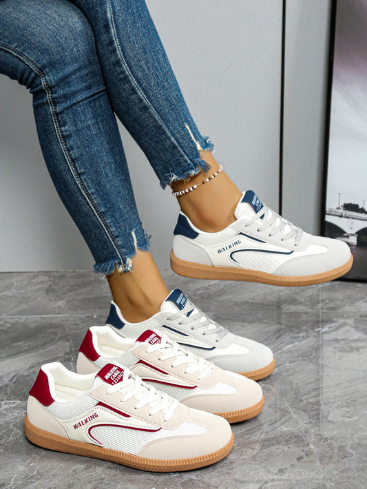 White Shoes for Women, Comfortable and Casual, Flat-Soled, Round-Toe, Lace-Up Women's Shoes, All-Season Color-Blocked Single Shoes