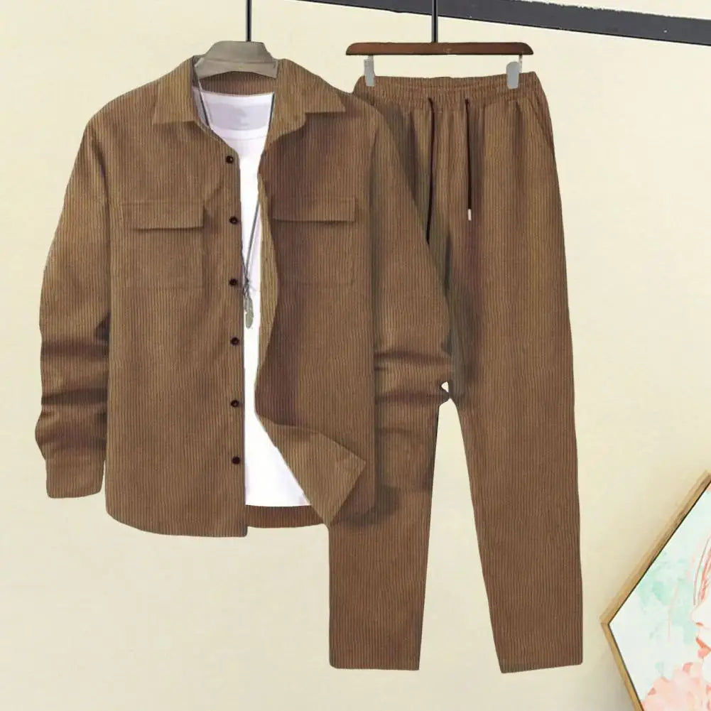 Long-sleeved Jacket Trousers Set Versatile Sportswear Outfit Men's Lapel Long Sleeve Sportwear Set with Flap for Athletes