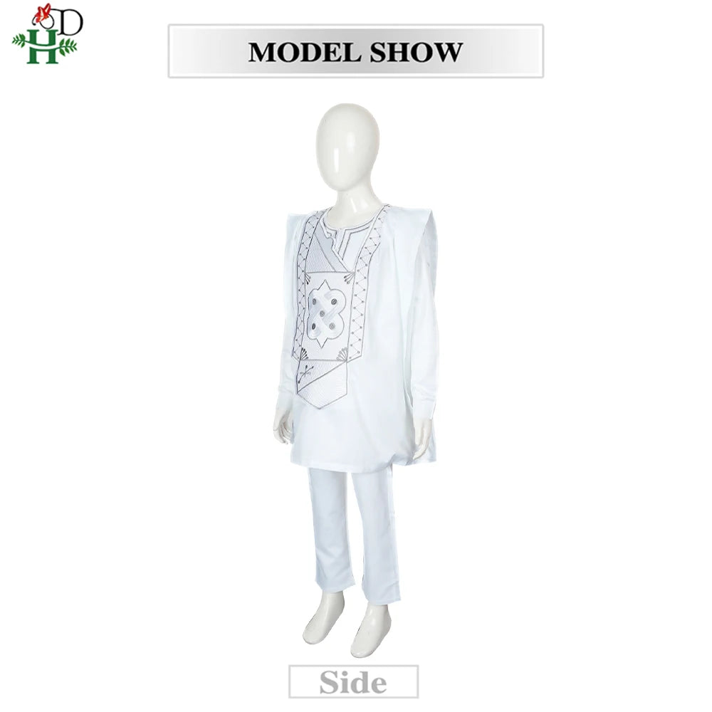 H&D 2025 African Tradition Clothes For Kids Boys White Blue Long Sleeve Tops Embroidery Dashiki Robe Shirt Pant Child Set 3 PCS