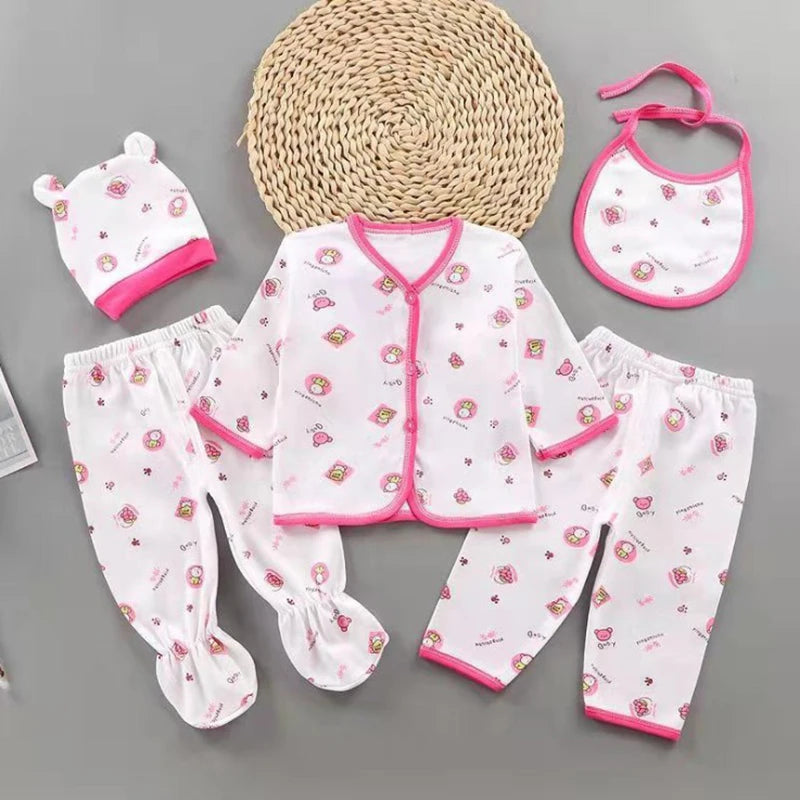5Pcs/Set Newborn Baby Girl Clothes Set Cotton Soft Underwear Infant Boy Outfit Children Girl Top+2Pant+Bib+Hat Toddler Clothing