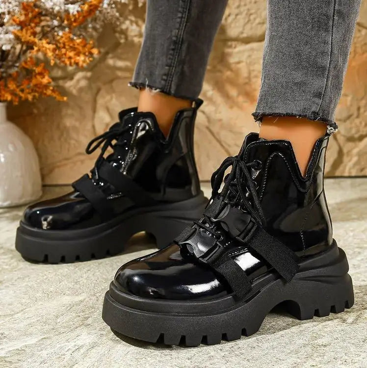 Black Platform Casual Women's Ankle Boots 2025 New Designer Autumn Winter British Style Boots Shoes for Women Botas De Mujer