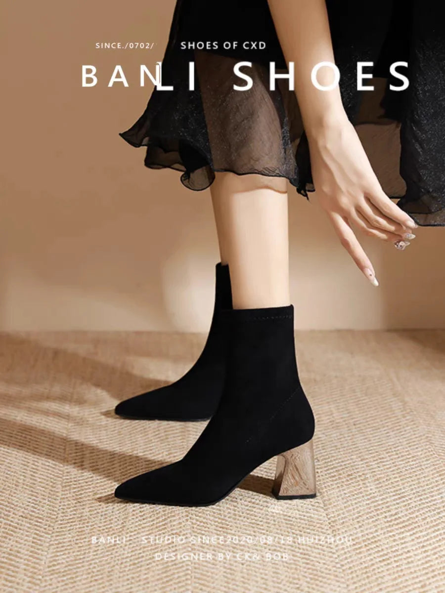 Womens Sexy Boots Suede Women'S Thick Heels And Pointed Black High Heels Versatile And Elegant Boots Zapatos De Mujer Ofertas