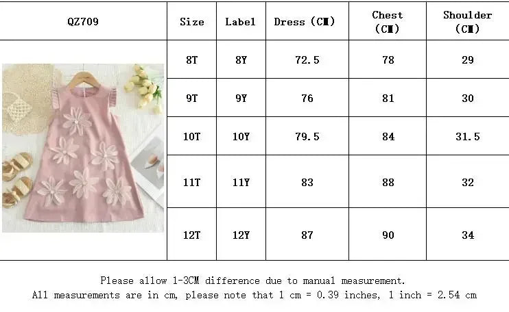 Summer New Girls' Casual Clothes Pleated 3D Flower Sleeveless Princess Dress Korean Version Solid Color Children 2-12 Years Old